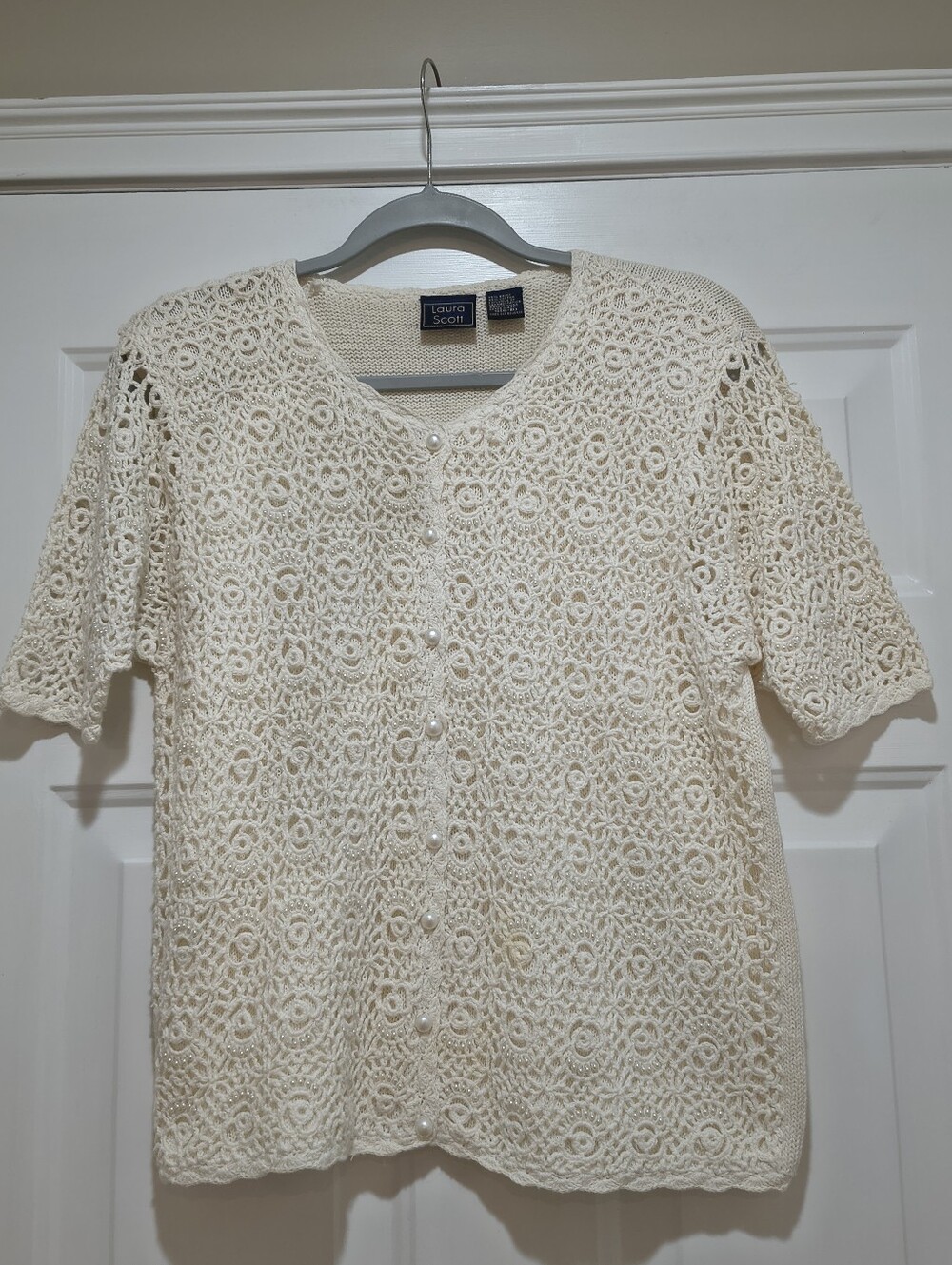 Laura Scott Cream Crochet Short-Sleeve Button Front Top Small